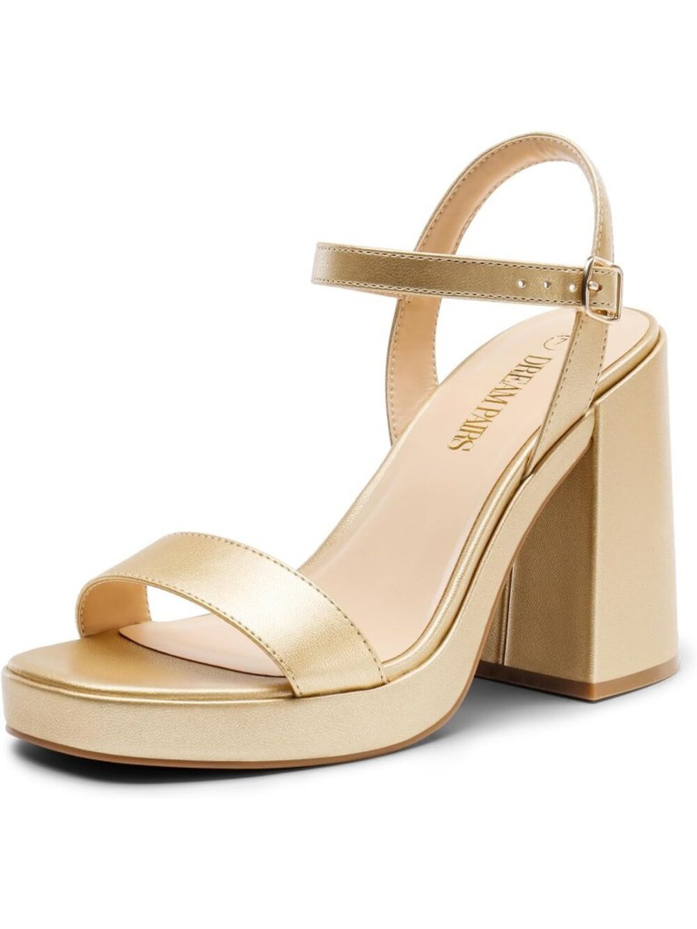 Women's Gold Faux Leather Chunky Block Heel Comfortable Sandals Party Prom Heels